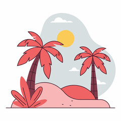 Flat design tropical island with palm trees and sun