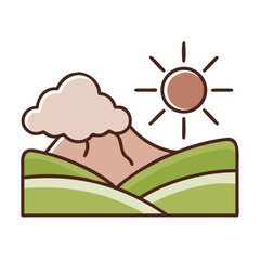 Flat vector landscape with sun mountain and green hills