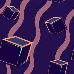 Floating Holographic Cubes on a Vector Neon Purple Background