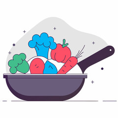 Frying Pan with Assorted Vegetables in Isometric Illustration