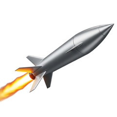 Rocket, sleek silver with fiery exhaust plume ascending against a dark void, cutout, PNG isolated on white or transparent background