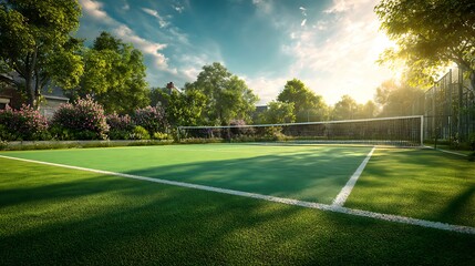 Ultra-realistic outdoor tennis court bathed in golden sunlight, featuring vibrant green grass and a pristine net, surrounded by lush trees and a serene natural landscape