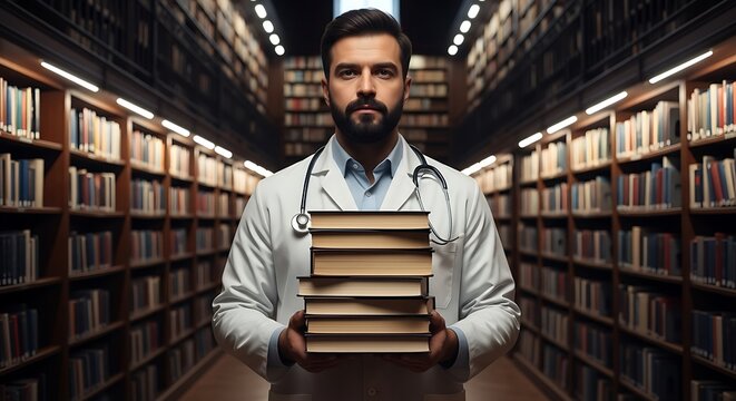 Doctor holding books in library stethoscope