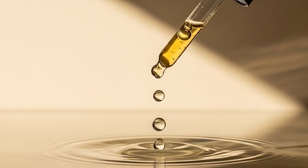 Golden Oil Dropper Dripping onto Water Surface