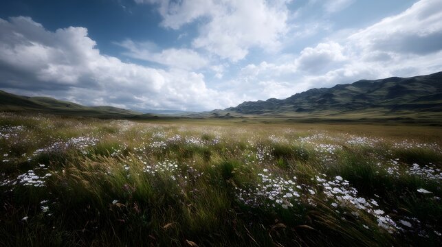 A vibrant field of wildflowers sways gently in the breeze under a cloudy sky with distant mountains - Powered by Adobe