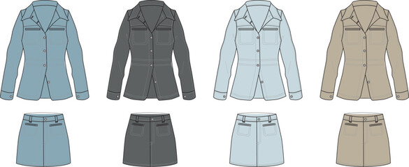 Flat design illustration of women's casual attire, featuring button-up shirts and skirts in various colors, ideal for fashion templates and style guides