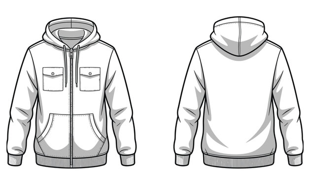 Technical flat vector illustration of men&rsquo;s hooded zip-up jacket with chest pockets and front pouch, ideal for fashion design template, clothing sketches, apparel branding, digital mockups, and design