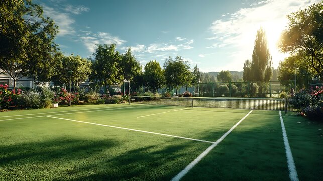 Sun-drenched outdoor tennis court ready for play, surrounded by lush green trees and a serene natural landscape, perfect for a refreshing game on a clear, bright day
