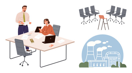 Two professionals collaborating at a desk with devices, a formal meeting room setup, and an industrial factory emitting smoke. Ideal for business, industry, collaboration, teamwork, meetings