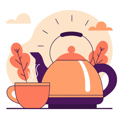 Teapot and Cup in Flat Design with Warm Tones