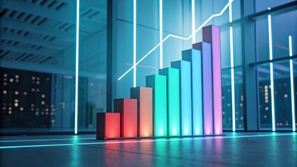 A colorful graph rises in a modern office environment, illustrating growth with vibrant bars against a backdrop of illuminated lines and windows.