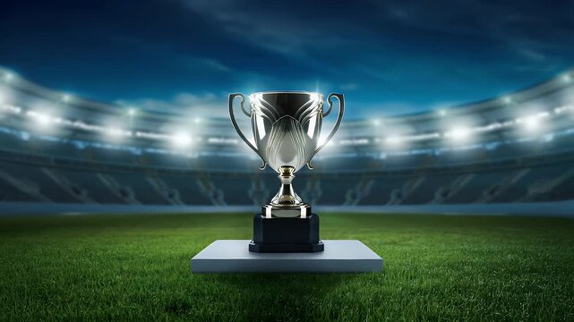 Shiny trophy cup on a green field in a stadium with bright lights and empty seats