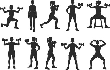 Silhouette vector illustration of women exercising with dumbbells, fitness workout poses, strength training, gym exercise, and healthy lifestyle concept