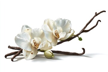 Elegant White Orchids with Vanilla Pods on White Background