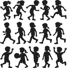 Silhouette vector illustration of children running, walking, and playing in various poses, depicting childhood activity, energy, movement, and fun outdoors