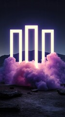 Glowing Neon Rectangles Emerging From Pink Smoke On Dark Landscape