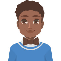 Pixel Art Portrait of a Smiling Young Boy with Dark Skin and Curly Hair Wearing a Blue Sweater and a Brown Bow Tie Against a Transparent Background