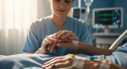 Obraz premium Caring female nurse holding hands of a patient with an IV drip in a hospital bed, providing comfort and emotional support.