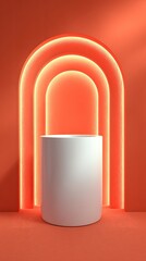 Stylish Orange Background With Illuminated Archway And Cylinder Display