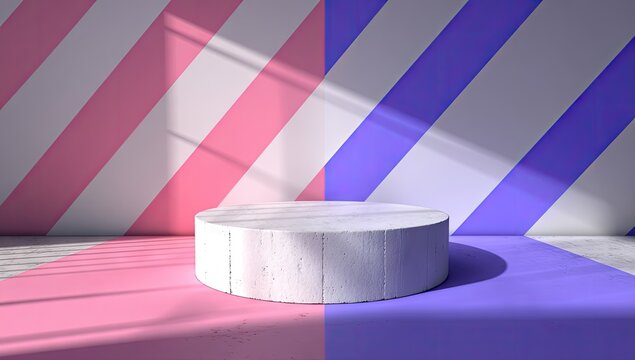 Round white stage with diagonal pink and blue stripes.