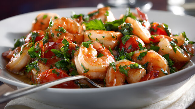 Mediterranean Garlic Prawn Dish with Fresh Herbs and Cherry Tomatoes Served in a White Plate