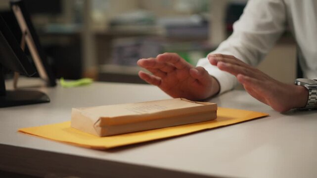 Hands of a Person Making a Refusal Gesture Against a Suspicious Package on an Office Desk