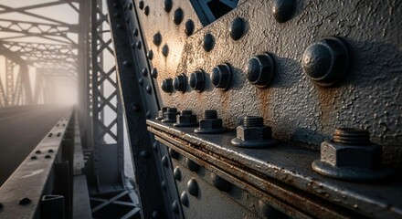 Close up of a weathered metal bridge with rivets and bolts in foggy conditions