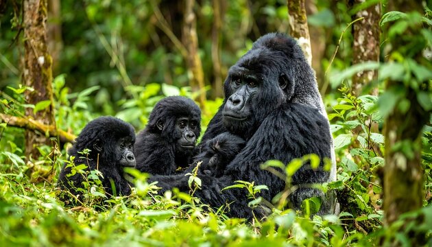 A serene scene of a gorilla family nestled amongst lush green foliage in a dense forest setting