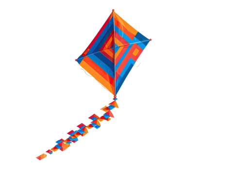 Diamond kite orange, blue striped, streamers, black space