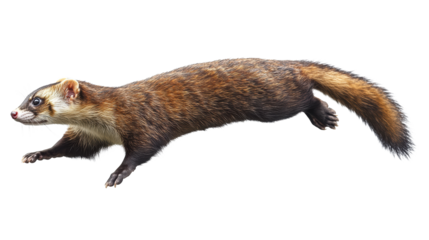 Agile brown ferret stretched mid-jump isolated
