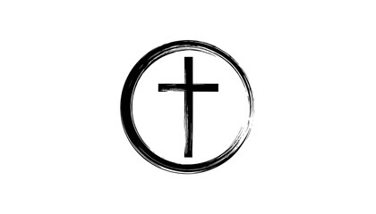 Obraz premium Rough black cross symbol centered within an imperfect circle, isolated on stark white backdrop
