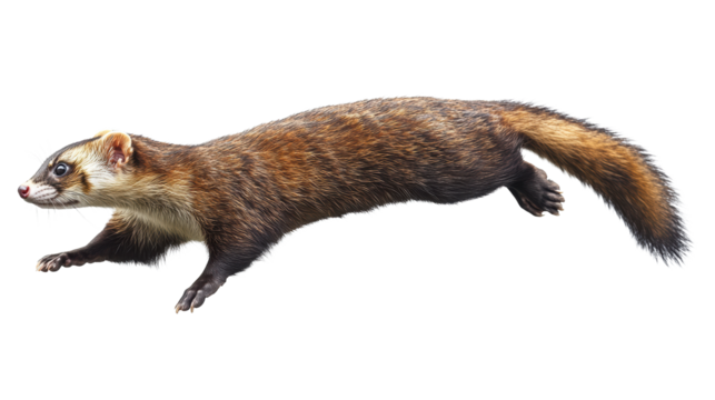 Agile brown ferret stretched mid-jump isolated
