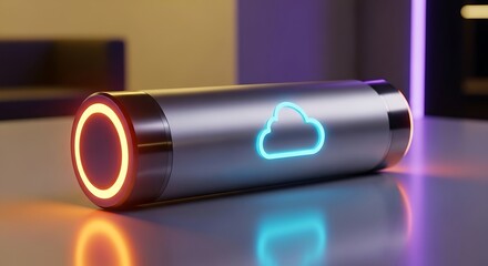 Metallic cylinder with glowing cloud symbol neon lights