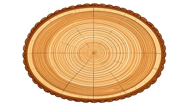 Oval wood slice illustration with growth rings and textured bark rim, isolated on white backdrop - Powered by Adobe