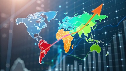 A colorful world map with rising trend lines, illustrating global data and economic growth.
