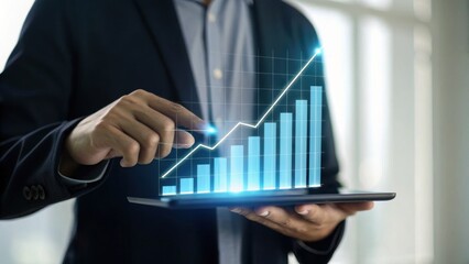 A business professional analyzes growth data on a tablet, showcasing a digital graph with upward trends.