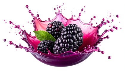 Blackberries splash into vivid purple liquid, isolated on white. Juicy, vibrant, and visually appealing