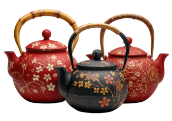 Three teapots, red, black, floral, bamboo handles