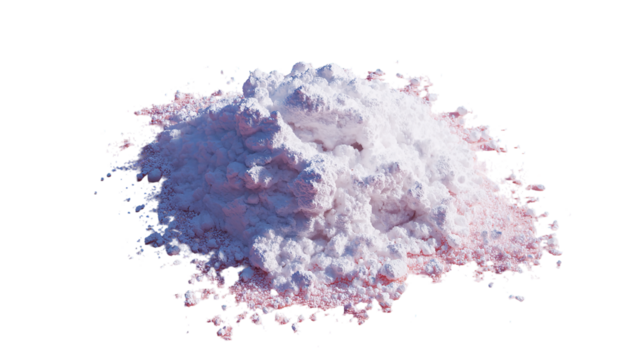 A pile of white powder with pinkish hues, isolated on a transparent background