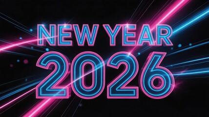 New year 2026 neon sign with pink and blue light streaks