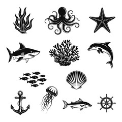 Collection of marine life and nautical elements