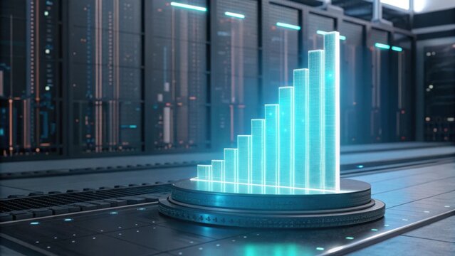 A futuristic data visualization in a high-tech server environment, showcasing a glowing bar graph representing growth or performance metrics.