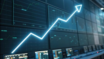 A digital display showing financial data with an upward trend, represented by a glowing arrow, indicating growth and positive market performance.