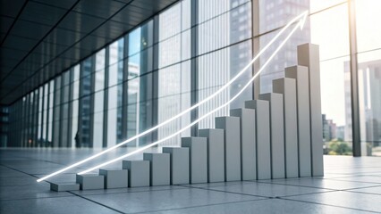 Obraz premium A modern office interior featuring a rising bar graph on the floor, symbolizing growth and success in a corporate environment.