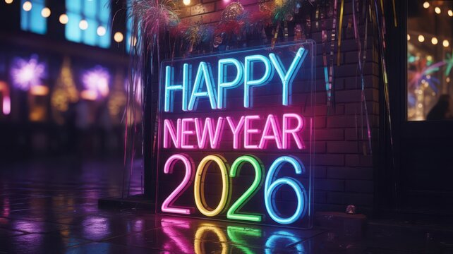 A glowing neon sign displaying happy new year for year 2026