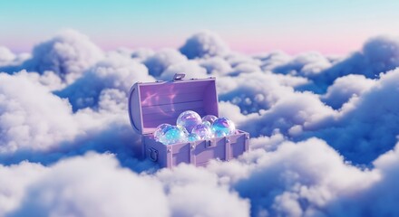 Purple chest filled with iridescent spheres floating among clouds