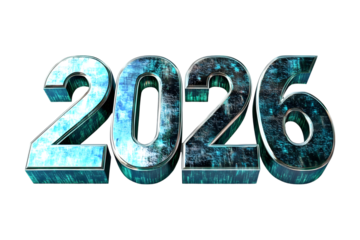 Metallic 3D Blue-Green 2026 New Year Text with Futuristic Glow on Transparent Background