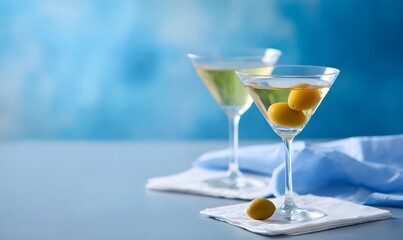 Against a blue gradient background, two martini glasses, one with an olive, the other with the twist, on white cocktail napkins