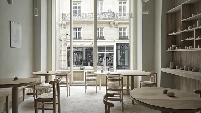 Light-filled cafe with neutral tones and wooden furniture