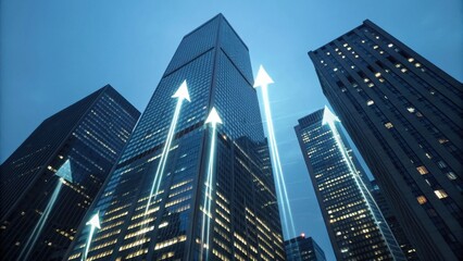 Naklejka premium A modern cityscape featuring tall skyscrapers illuminated at night, with digital arrows suggesting growth and progress in a vibrant urban environment.